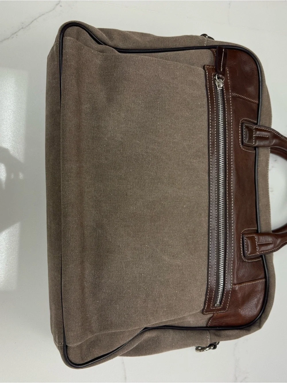 Bosca Taupe Canvas Briefcase with Brown Leather Trim